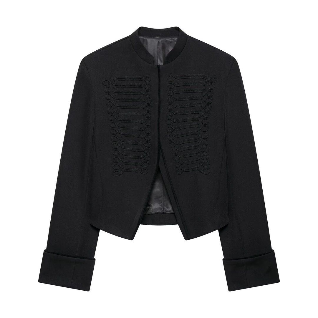 Dam Kort Military-Inspired Bolero Jacka med Stå Krage och Dekorativ Cords