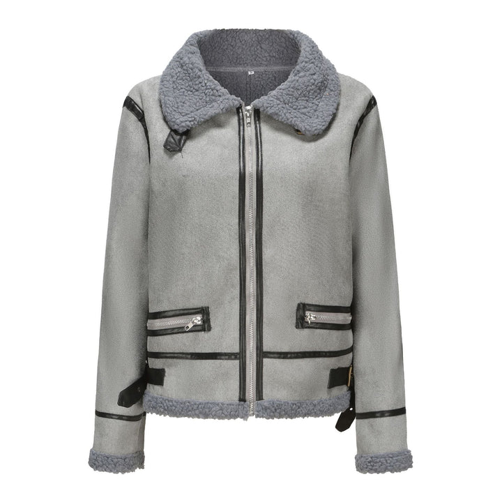 Dam kort skärning Aviator Sheepskin Imitation jacka med teddyfoder och konstläder Trim