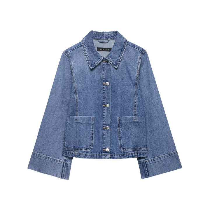 Dam Oversize Denimjacka i Boxig Skärning med Kort Silhuett och Patch Fickor