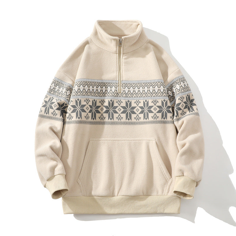 Unisex Norwegian mönster fleecejacka med ståkrage, all-round dragkedja och dragsko