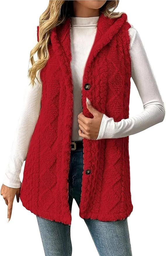 Dam fleece Lined teddy väst med huva och knapp stängning