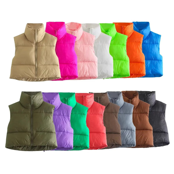 Dam Kort Quiltad Väst med Hög Stå Krage, Lätt Puffer Look och Justerbar Nederkant