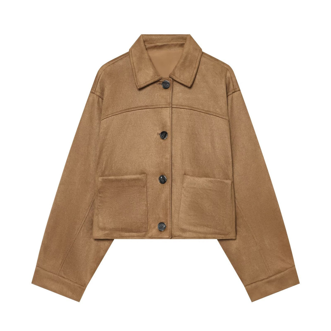 Dam Boxig Jacka i Velvet Look med Patch Fickor