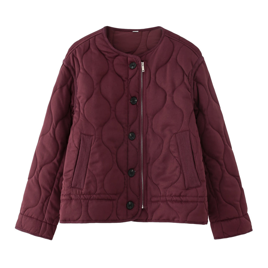 Dam Quiltad Jacka med Round Quiltad Mönster, Round Neck och Two-Way Dragkedja