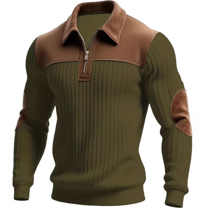 Herr Ribbad Halv Dragkedja Pullover med Contrasting Läder Appliqués On Shoulders och Elbows