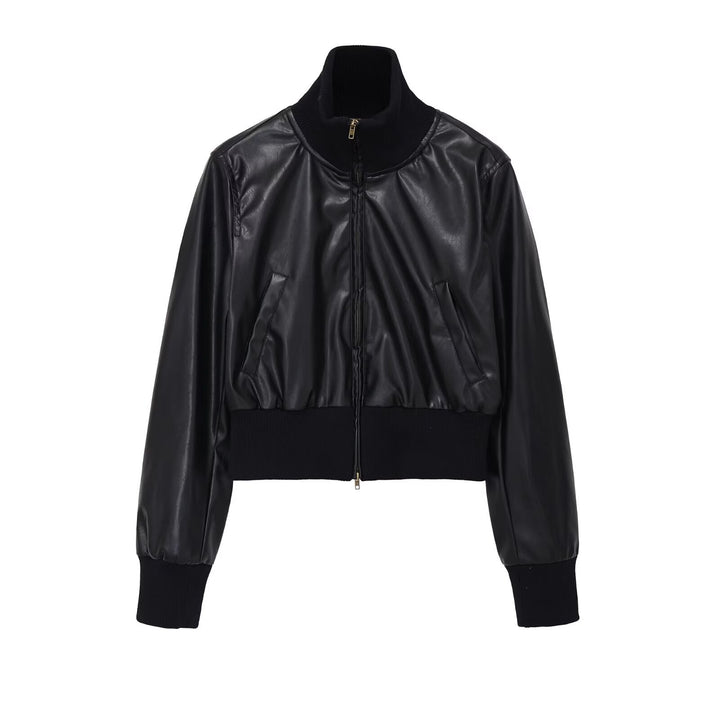 Dam Kort Jacka i Läderlook med Hög Structured Krage och Fitted Ribbed Waistband
