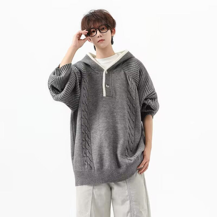 Herr Chunky Stickad Pullover med Huva och Knapplist