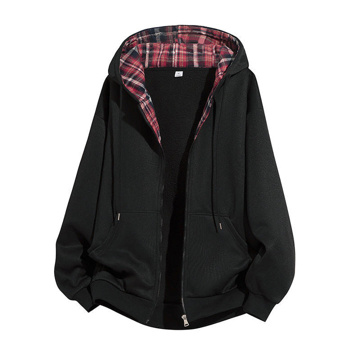 Herr Jacka med Huva med Teddy‑fleece‑Futter och Kariertem Kapuzeninnenfutter, Hel Dragkedja