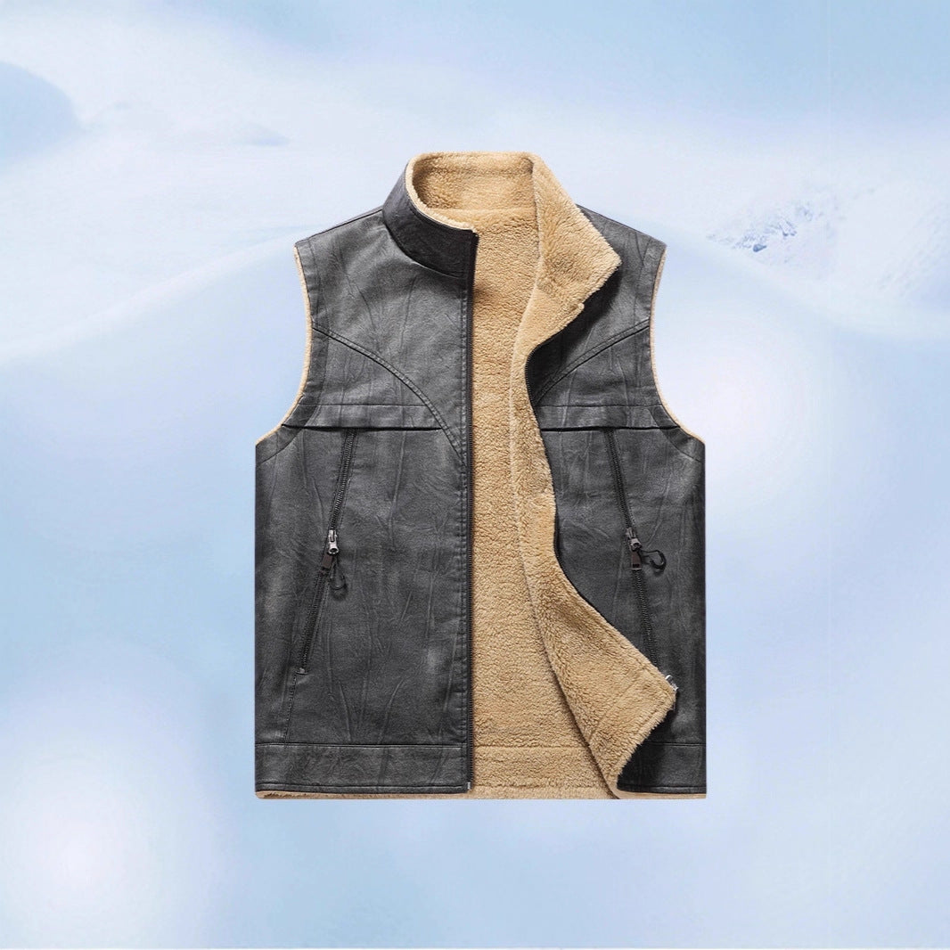 Herr Sleeveless Konstläder Teddy Väst med Ståkrage och Dragkedjefickor