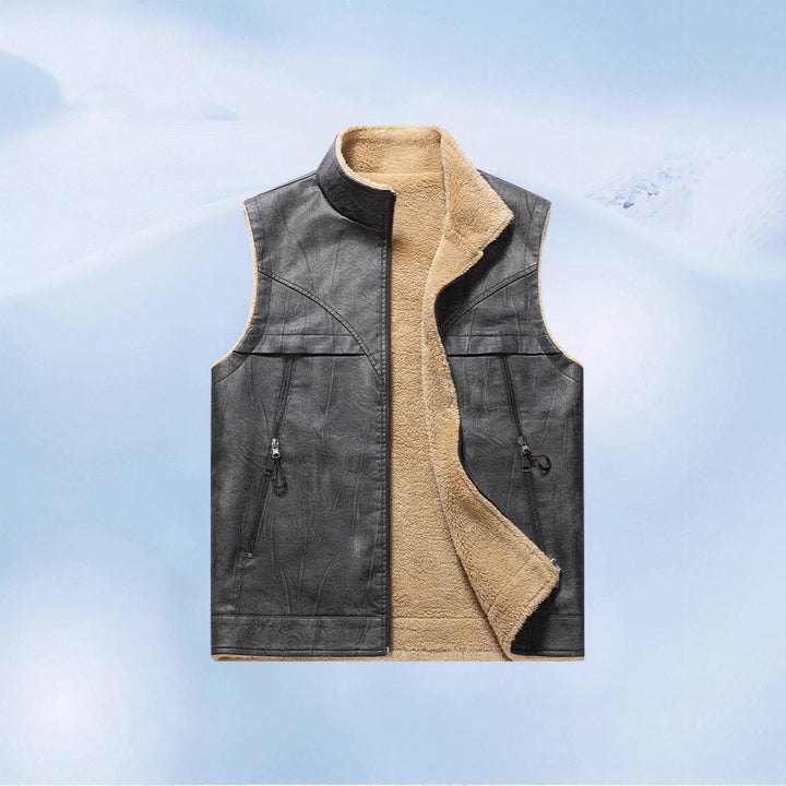 Herr Sleeveless Konstläder Teddy Väst med Ståkrage och Dragkedjefickor