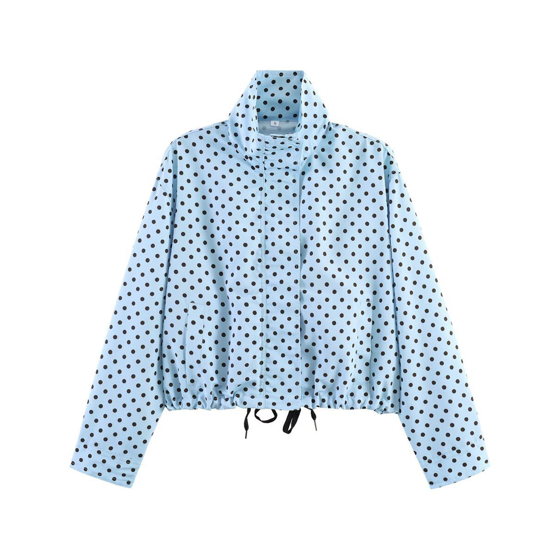 Dam Dotted Kort Jacka med Stå Krage, Dold Front Knäppning och Drawstring