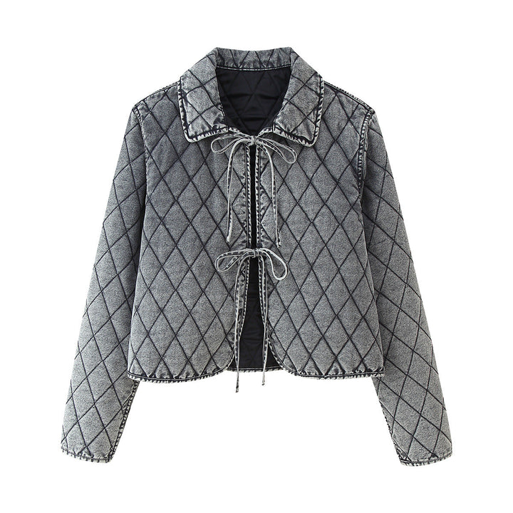 Dam avslappnad quiltad denim look kort jacka med diamond mönster och ties