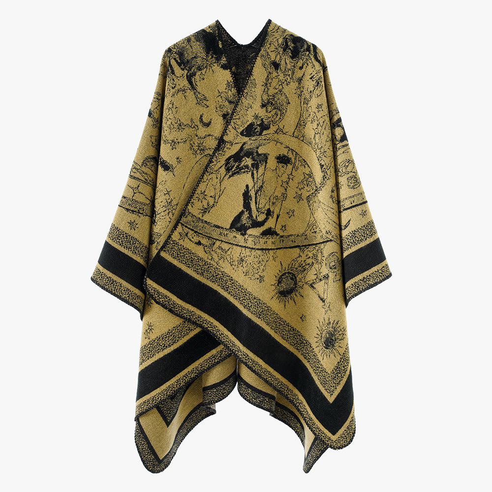 Dam Oversize Jacquard capeponcho tillverkad av ullblandning med V-neck och heavenly motif