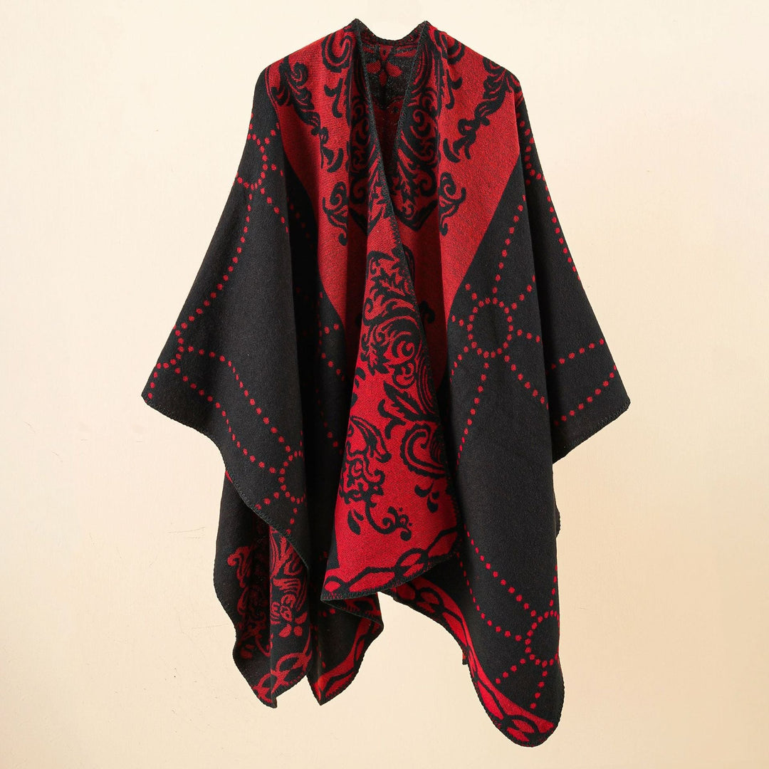 Dam Jacquard Ruana i cape stil med kontrasterande chain fåll