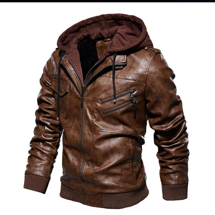 Herr Stilren Läderjacka med Huva och Inner Fleece