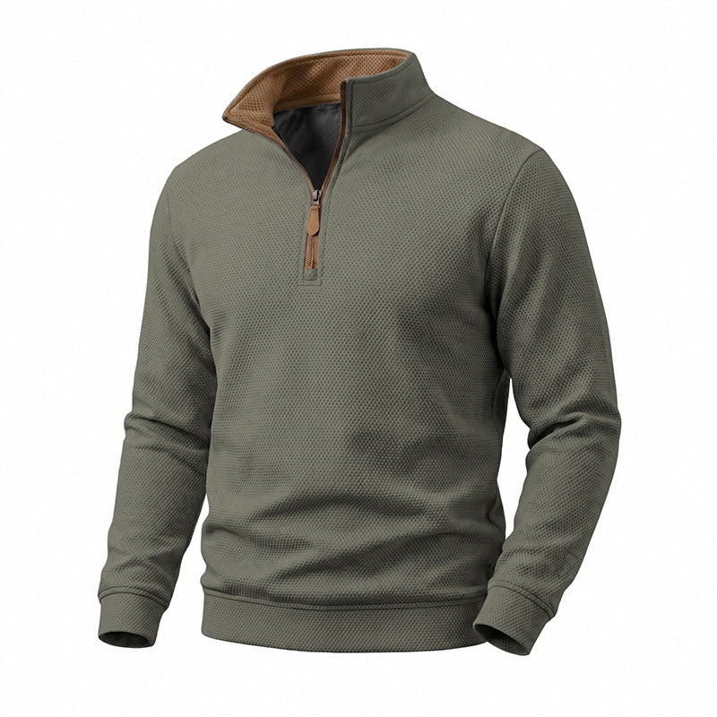 Herr Halv Dragkedja Pullover med Waffle Texture och Contrast Krage