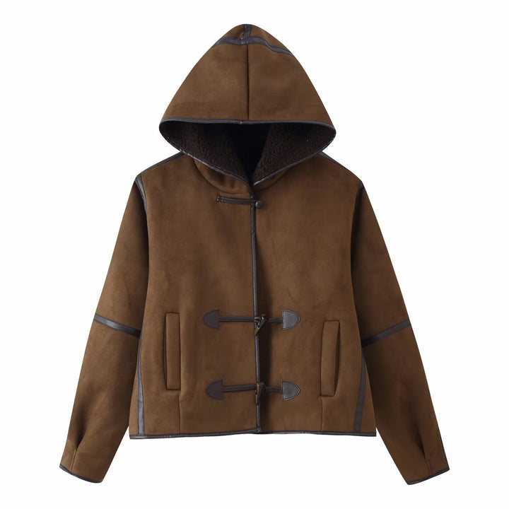 Dam Kort med Huva Sheepskin Imitation Duffle Jacka med Toggle Fastenings