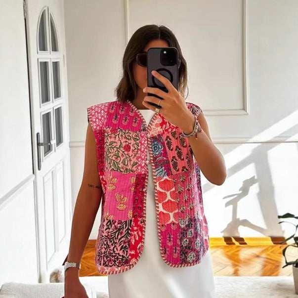 Dam kviltad Waistcoat med Toile tryck, randig foder och dragsko
