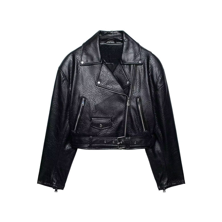 Dam Kort Skärning Bikerjacka i Läderlook med Waist Belt