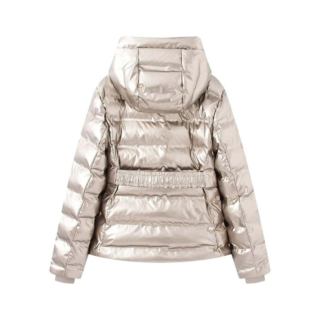 Dam quiltad glossy quiltad jacka med huva, vadderad värmefoder och elastic waistband