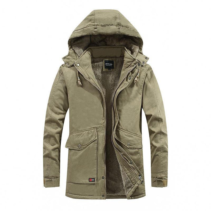 Herr staden parka med teddyfoder, huva, och vindtät inner knäppslå