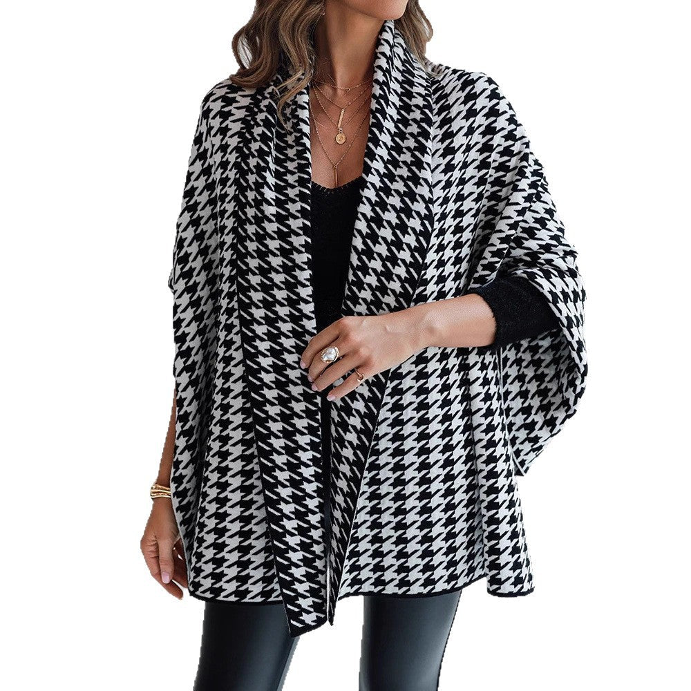 Dam oversized poncho med Houndstooth mönster och Open sjalkrage