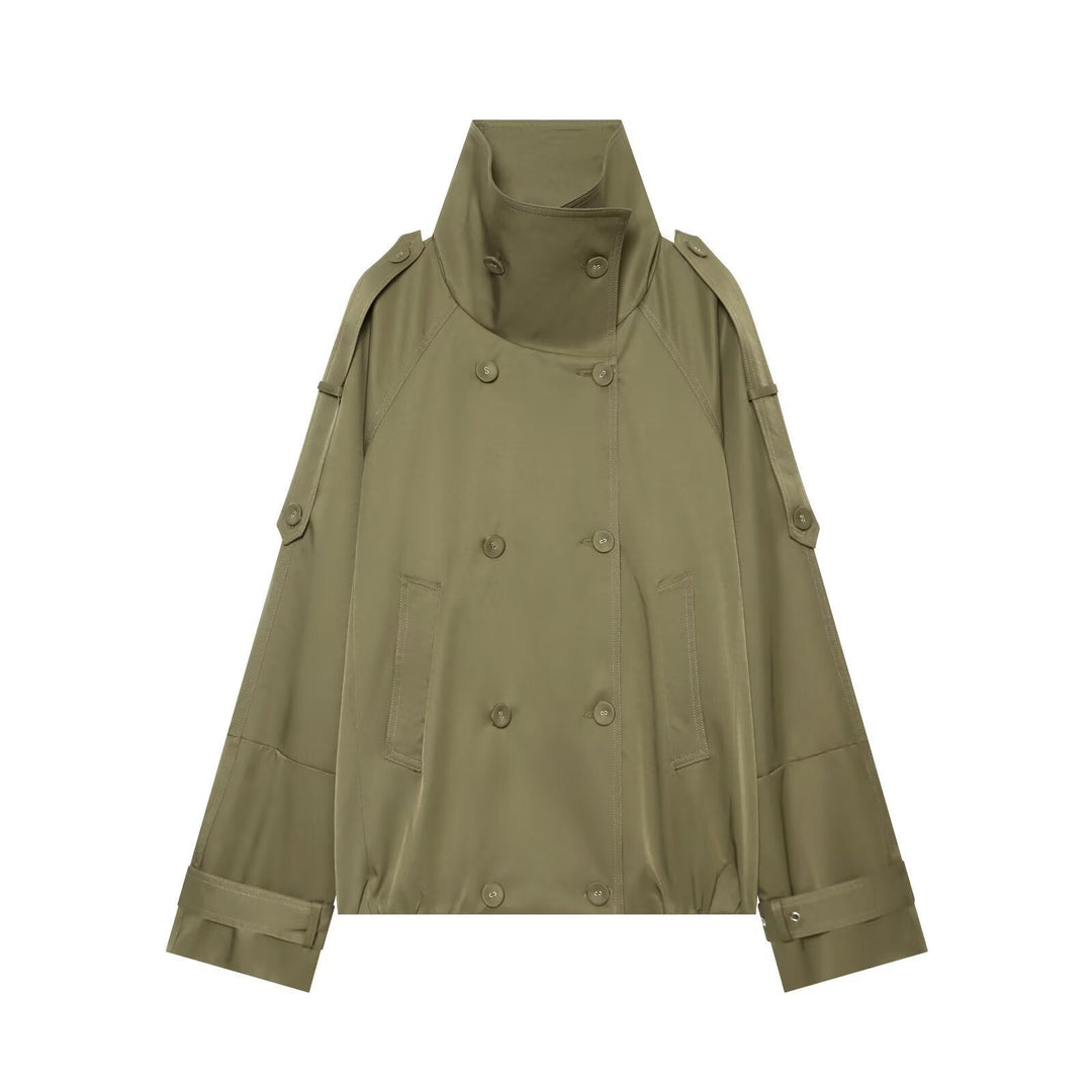 Dam Cape-like kort Double-breasted trenchcoat med hög ståkrage och justerbar muddar
