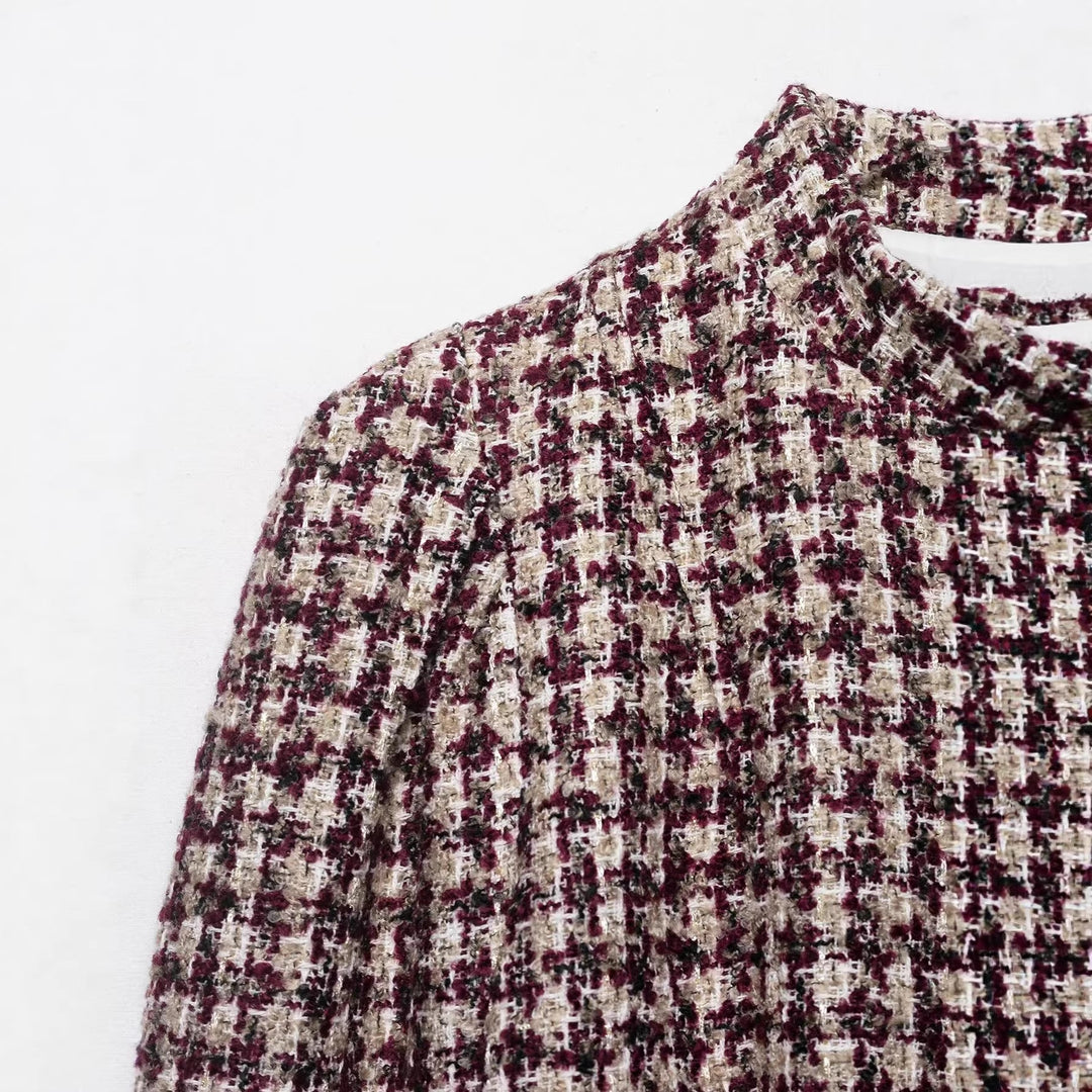Dam Kort Skärning Bouclé Tweedjacka med Stå Krage och Faux Fur Muddar