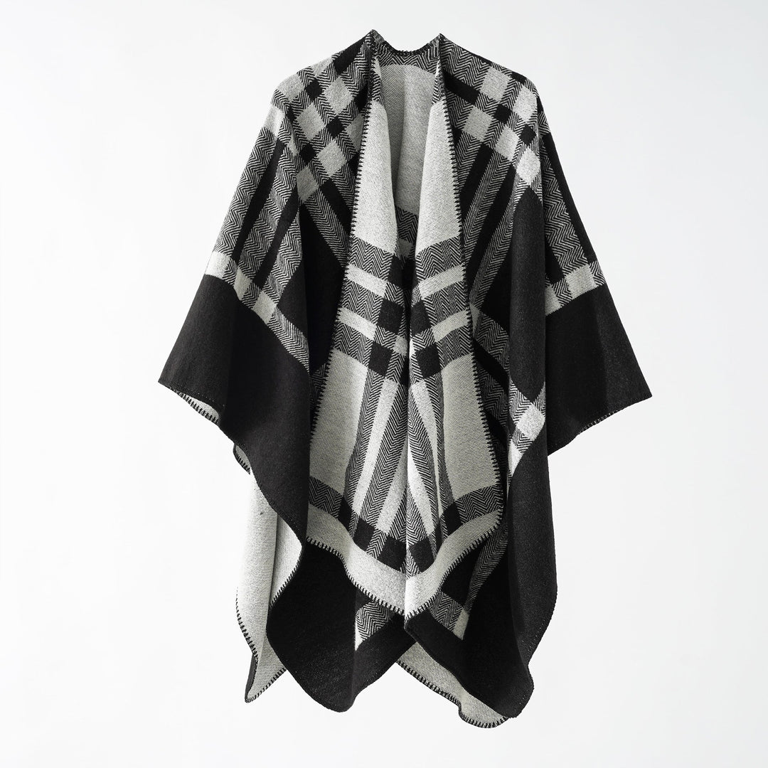 Dam Reversible ullblandning poncho med Geometric Check mönster och Decorative Stitching