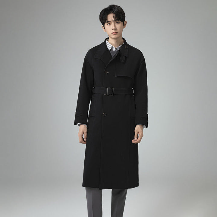 Herr Lång Modern Trench Kappa Tillverkad av Lätt Twill med Dold Knappslå och Midja Bälte