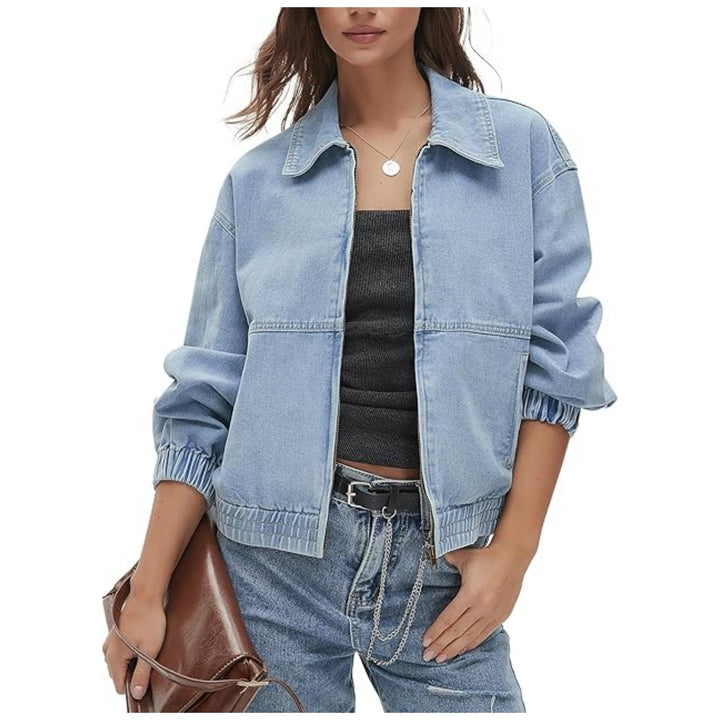 Dam lätt kort denimjacka med Elastic muddar och Zip