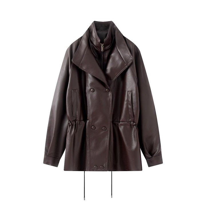 Dam Double-Breasted Jacka i Konstläder med Stå Krage, Wide Lapel och Drawstring