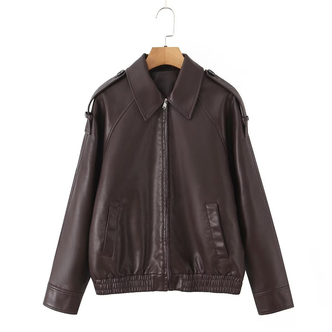 Dam Oversized Konstläder Flight Jacka med Bonded Krage, Axel Epaulettes, och Elastic Fåll