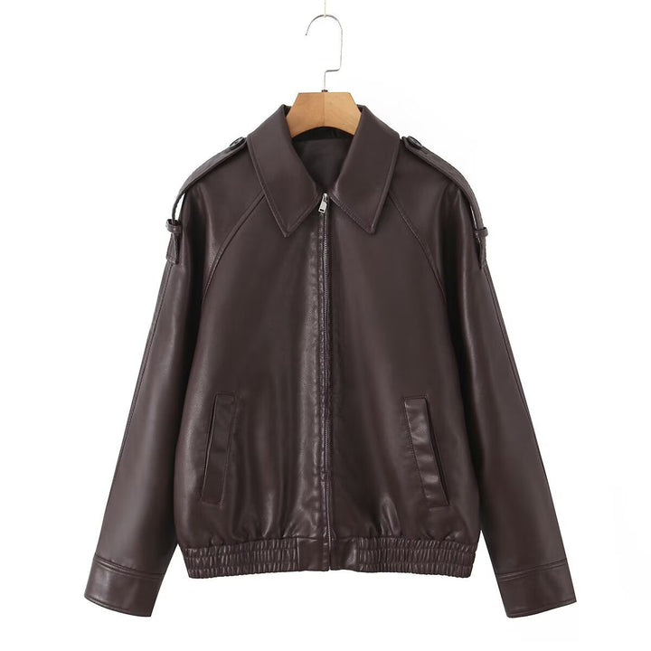 Dam Oversized Konstläder Flight Jacka med Bonded Krage, Axel Epaulettes, och Elastic Fåll