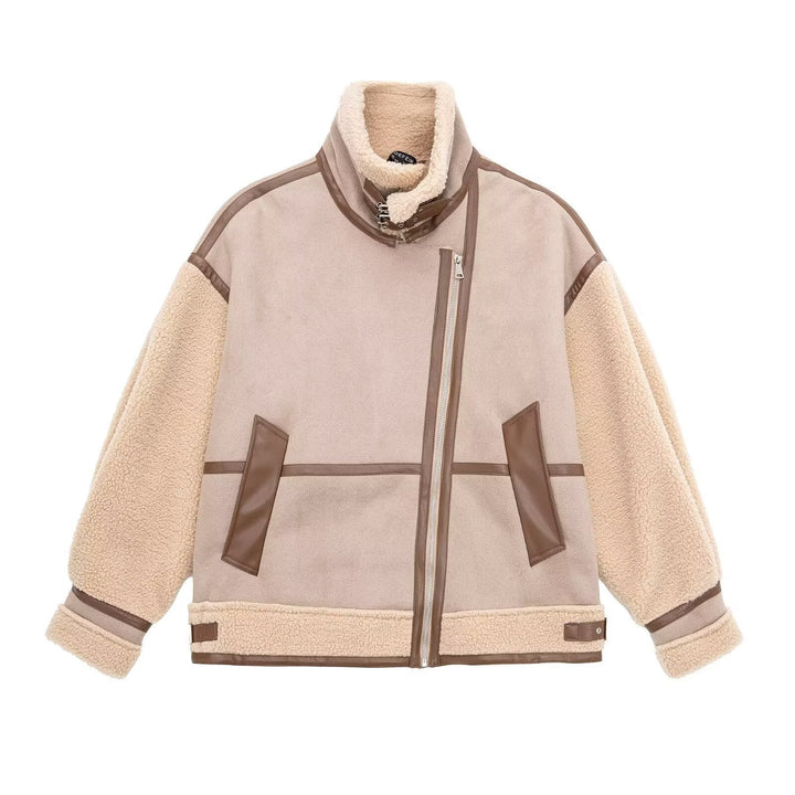 Dam Oversized Flight Jacka med Teddy Foder, Asymmetrical Dragkedja och Konstläder Detaljer