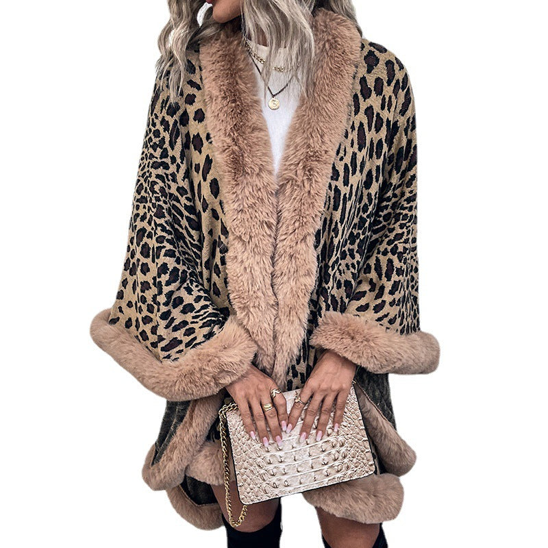 Dam Cozy Poncho med Luxurious Fusk Päls Trim och Leopard Tryck