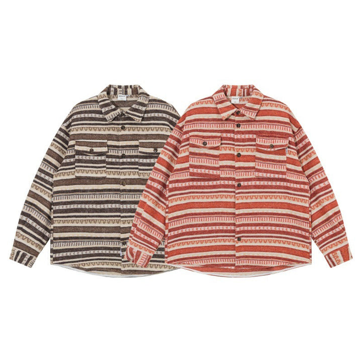Unisex Oversized Stickad Skjorta Jacka i Ethnic Rand Mönster med Lockfickor