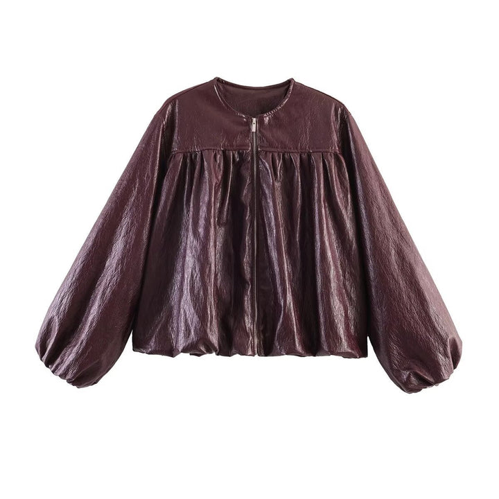Dam kort jacka med ruched yoke, round neck och balloon ärmar