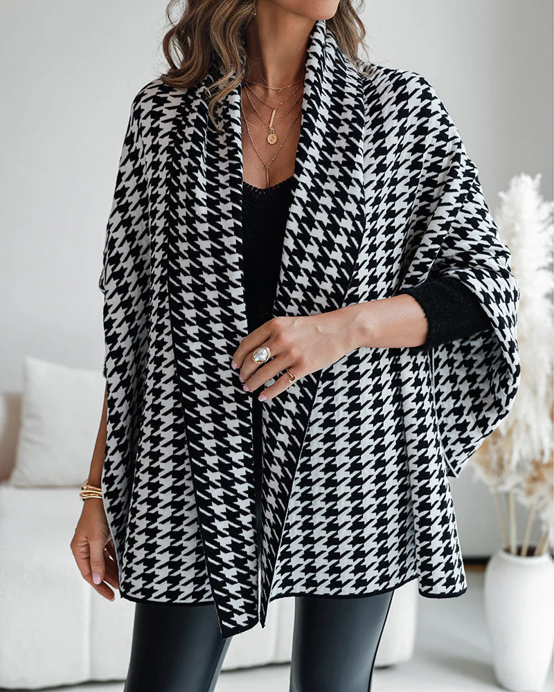Dam Modern Poncho med Hundtand Mönster