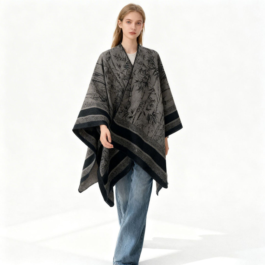 Dam Jacquard poncho i Cape stil med Bamboo design och öppen front
