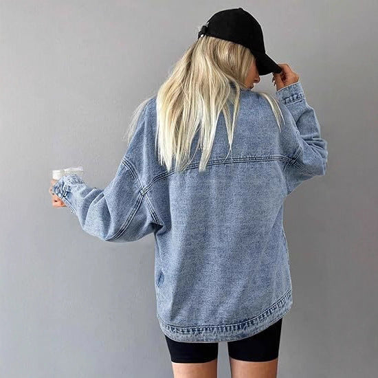 Dam oversize denimjacka med Deep Yoke, Straight fåll, och Vintage tvätta