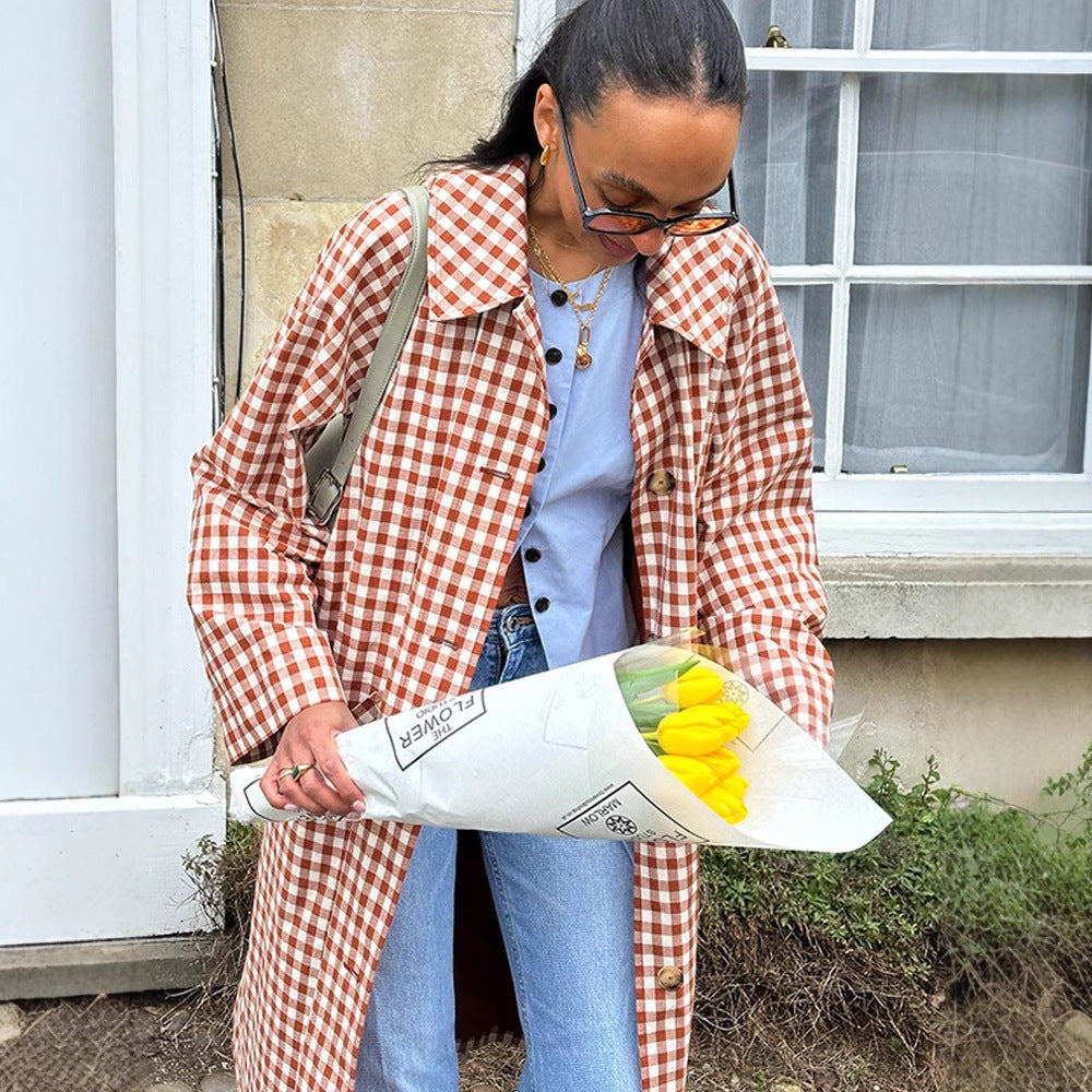Dam rutig trenchcoat Mid-Length med knappslå och kontrast-Lined muddar