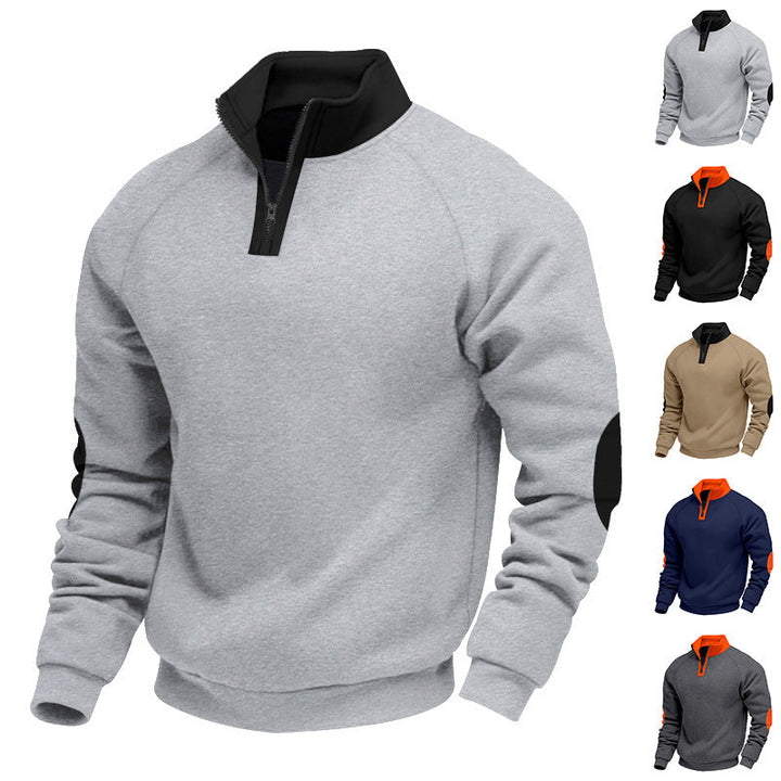 Herr Halv Dragkedja Fleece Pullover med Ståkrage Raglanärmar och Elbow Lappar