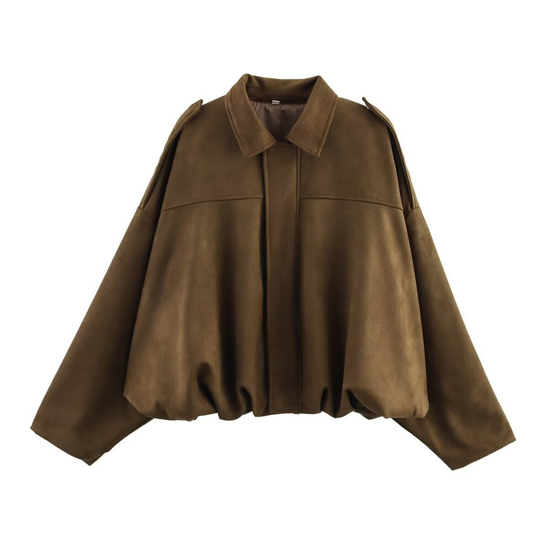 Dam kort skärning oversize mocka jacka med shoulder flaps och elastic fåll