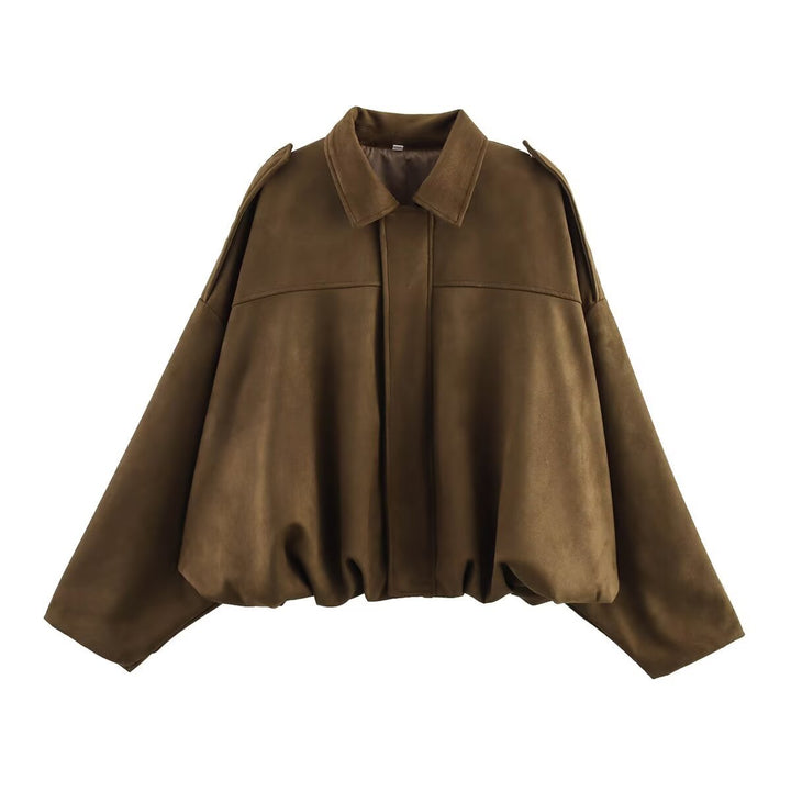 Dam kort skärning oversize mocka jacka med shoulder flaps och elastic fåll