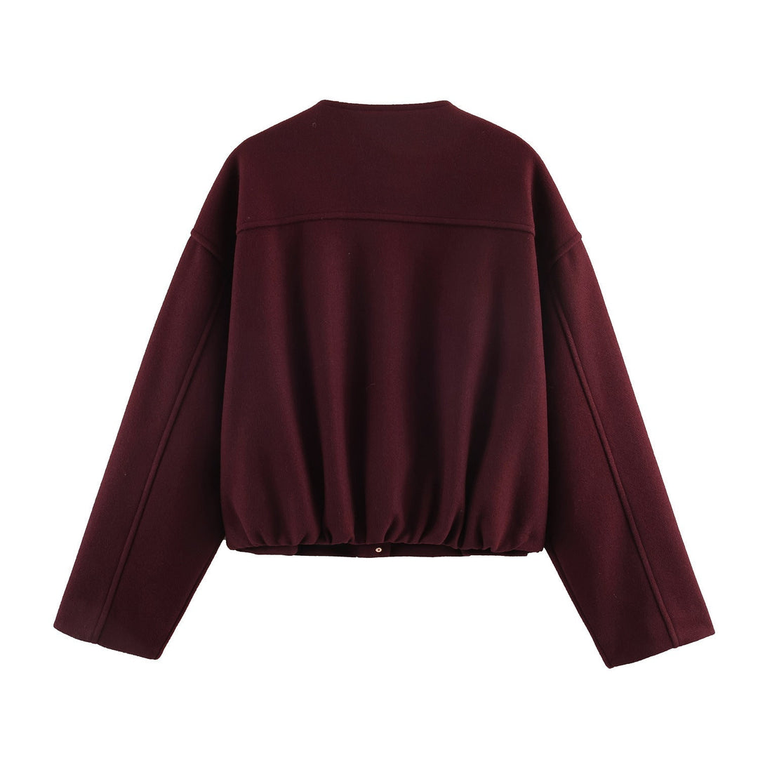 Dam Kort Boxig Ull Mix Jacka med Round Neck och Dekorativ Knapp Knäppning