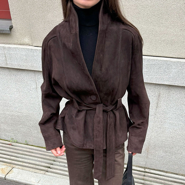 Dam sammet läder jacka med Shawl krage och knytband