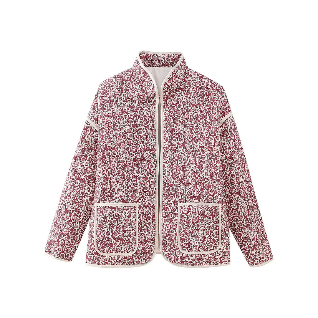 Dam quiltad floral jacka med ståkrage, dragkedja, och påsydda fickor