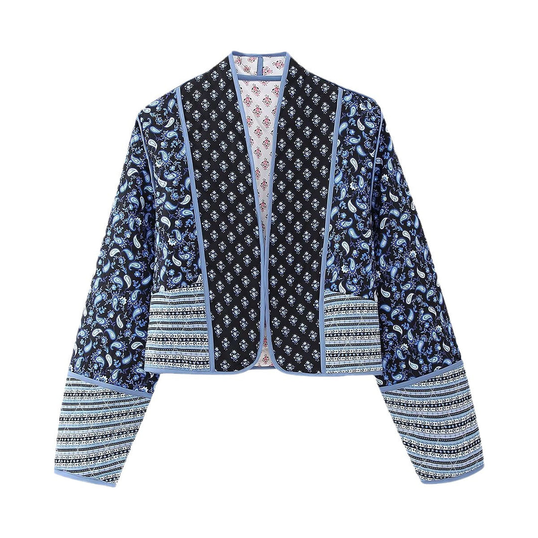 Dam Kort Quiltad Patchwork Jacka med Paisley och Blommig Prints, Open Kimono Skärning och Contrast Piping