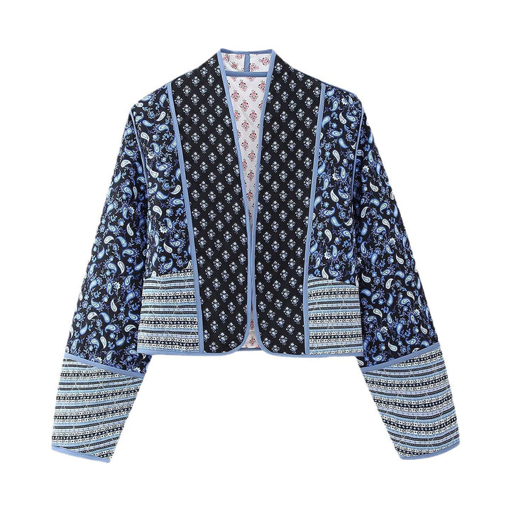 Dam Kort Quiltad Patchwork Jacka med Paisley och Blommig Prints, Open Kimono Skärning och Contrast Piping